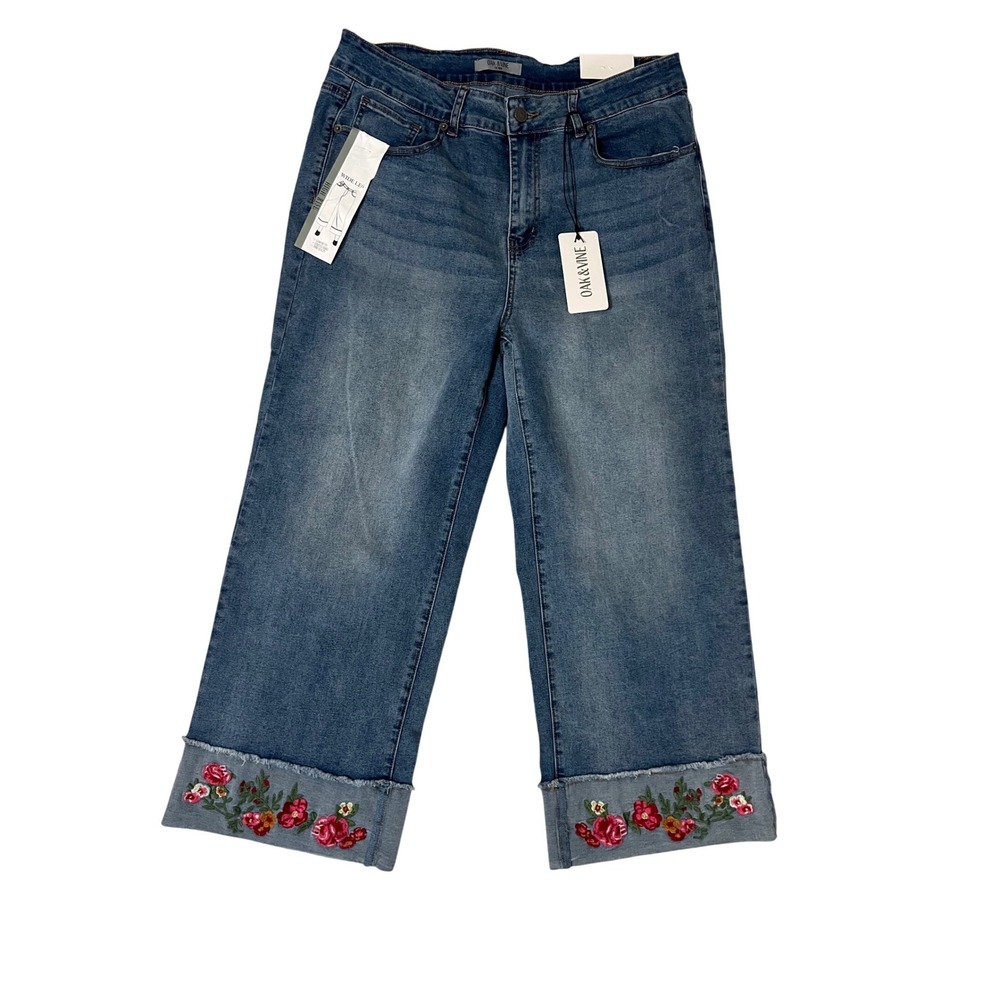 Oak & Vine Wide Leg Jeans Women Size 18 Blue New Floral Embroidered High Rise